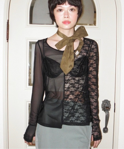 musubore(ムスボレ)の「2way half lace tops / ハーフレーストップス(Tシャツ/カットソー・レディース・ブラック/グリーン/ネイビー・FREE)」の13枚目の写真