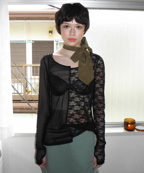 musubore(ムスボレ)の「2way half lace tops / ハーフレーストップス(Tシャツ/カットソー・レディース・ブラック/グリーン/ネイビー・FREE)」の17枚目の写真