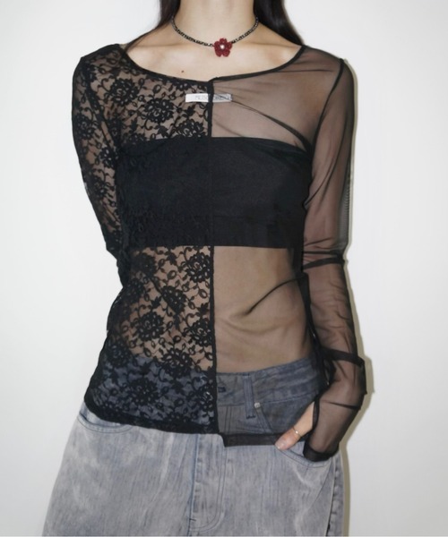 musubore（ムスボレ）の「2way half lace tops / ハーフレース