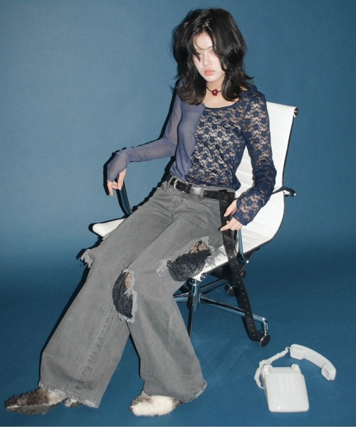 musubore（ムスボレ）の「2way half lace tops / ハーフレーストップス（Tシャツ/カットソー・レディース・ブラック/グリーン/ネイビー・FREE）」の6枚目の写真