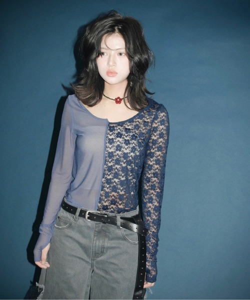 musubore（ムスボレ）の「2way half lace tops / ハーフレーストップス（Tシャツ/カットソー・レディース・ブラック/グリーン/ネイビー・FREE）」の8枚目の写真