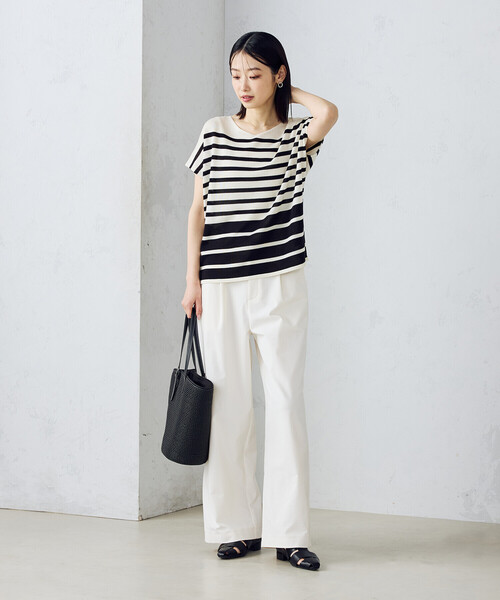 COMME CA ISM（コムサイズム）の「【ウォッシャブル】前後２WAY フレンチスリーブニットTシャツ（ニット/セーター・レディース・ネイビー×ホワイト/ブラック×ホワイト・FREE）」の3枚目の写真