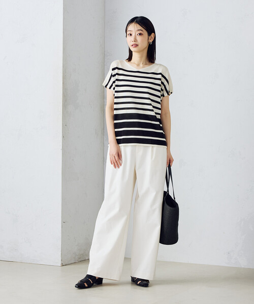 COMME CA ISM（コムサイズム）の「【ウォッシャブル】前後２WAY フレンチスリーブニットTシャツ（ニット/セーター・レディース・ネイビー×ホワイト/ブラック×ホワイト・FREE）」の4枚目の写真