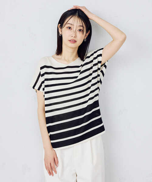 COMME CA ISM（コムサイズム）の「【ウォッシャブル】前後２WAY フレンチスリーブニットTシャツ（ニット/セーター・レディース・ネイビー×ホワイト/ブラック×ホワイト・FREE）」の7枚目の写真