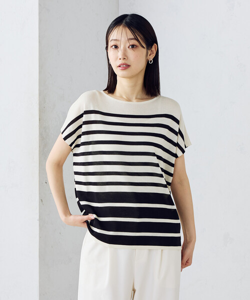 COMME CA ISM（コムサイズム）の「【ウォッシャブル】前後２WAY フレンチスリーブニットTシャツ（ニット/セーター・レディース・ネイビー×ホワイト/ブラック×ホワイト・FREE）」の8枚目の写真