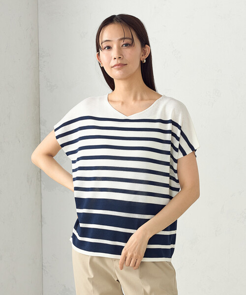 COMME CA ISM（コムサイズム）の「【ウォッシャブル】前後２WAY フレンチスリーブニットTシャツ（ニット/セーター・レディース・ネイビー×ホワイト/ブラック×ホワイト・FREE）」の13枚目の写真