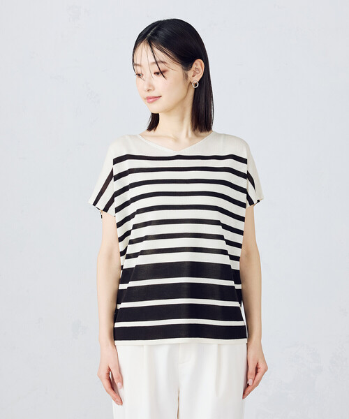 COMME CA ISM（コムサイズム）の「【ウォッシャブル】前後２WAY フレンチスリーブニットTシャツ（ニット/セーター・レディース・ネイビー×ホワイト/ブラック×ホワイト・FREE）」の14枚目の写真