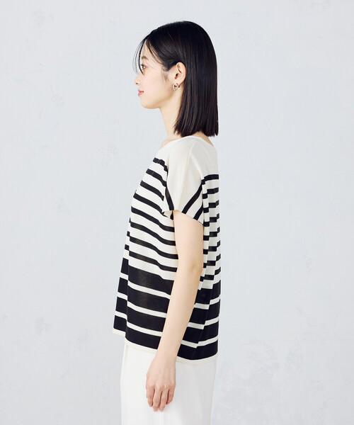 COMME CA ISM（コムサイズム）の「【ウォッシャブル】前後２WAY フレンチスリーブニットTシャツ（ニット/セーター・レディース・ネイビー×ホワイト/ブラック×ホワイト・FREE）」の15枚目の写真