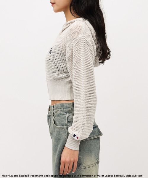 パーカー 「MLB」刺繍ワッペンメッシュニットZIPパーカー レディース MLB】刺繍ワッペンメッシュニットZIPパーカー BACK TO THE FIELD