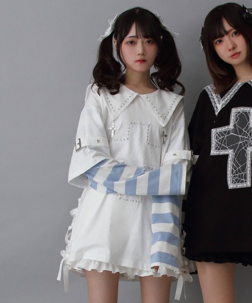 DearMyLove（ディアマイラブ）の「十字架スタッズストライプワンピース（ワンピース・レディース・ブラック/サックスブルー/レッド/ホワイト・M-L/LL～3L）」の4枚目の写真