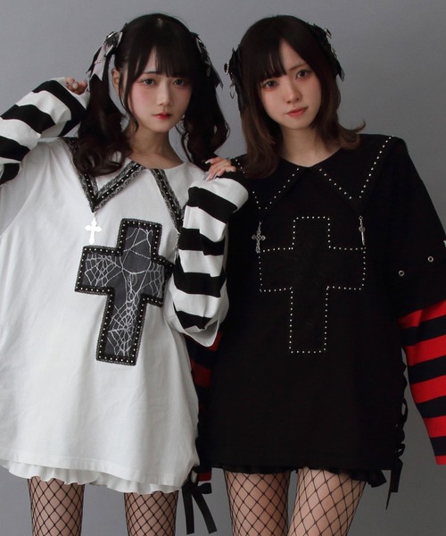 DearMyLove（ディアマイラブ）の「十字架スタッズストライプワンピース（ワンピース・レディース・ブラック/サックスブルー/レッド/ホワイト・M-L/LL～3L）」の11枚目の写真