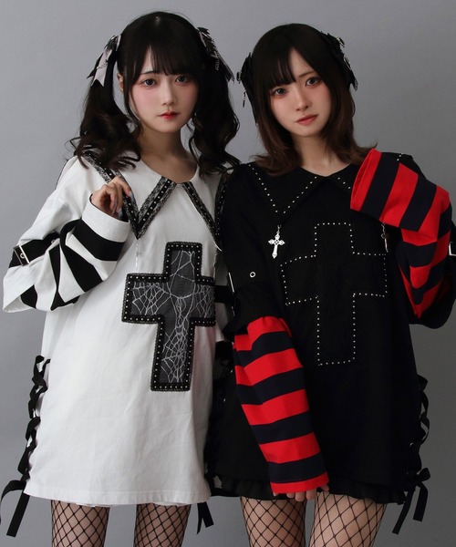 DearMyLove（ディアマイラブ）の「十字架スタッズストライプワンピース（ワンピース・レディース・ブラック/サックスブルー/レッド/ホワイト・M-L/LL～3L）」の10枚目の写真