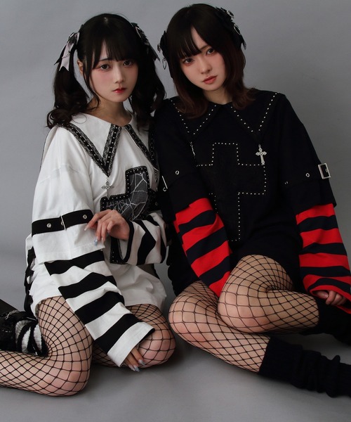 DearMyLove（ディアマイラブ）の「十字架スタッズストライプワンピース（ワンピース・レディース・ブラック/サックスブルー/レッド/ホワイト・M-L/LL～3L）」の9枚目の写真