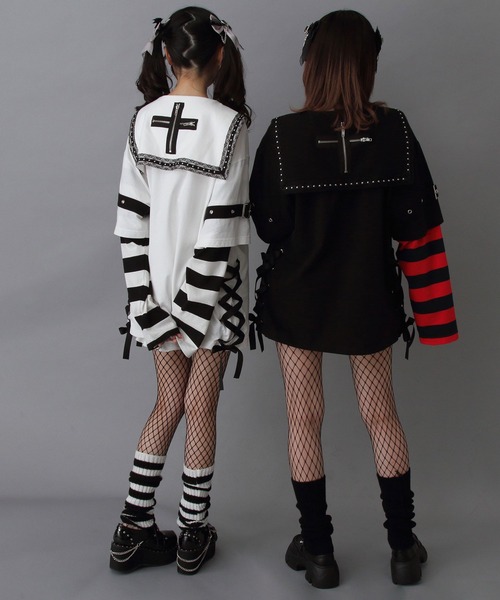 DearMyLove（ディアマイラブ）の「十字架スタッズストライプワンピース（ワンピース・レディース・ブラック/サックスブルー/レッド/ホワイト・M-L/LL～3L）」の8枚目の写真