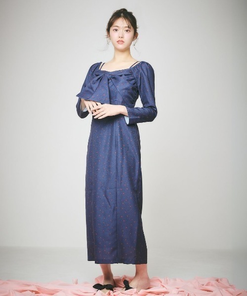 専用です。ネイビー ハート柄 ワンピース 42 新品 セール】Heart Pattern Ribbon Dress-ハート柄ワンピース