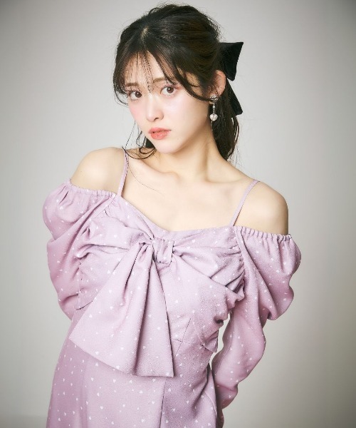 LANTINAM(ランティナム)の「Heart Pattern Ribbon Dress-ハート柄ワンピース(ワンピース・レディース・ピンク/ネイビー・MEDIUM/SMALL)」の2枚目の写真