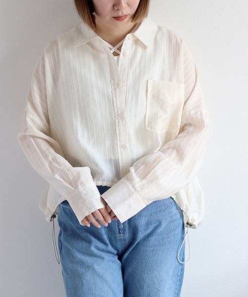 cepo(セポ)の「〈袖2way〉シアーストライプドロストシャツ(シャツ/ブラウス・レディース・ライム/サックスブルー/オフホワイト・M)」の4枚目の写真