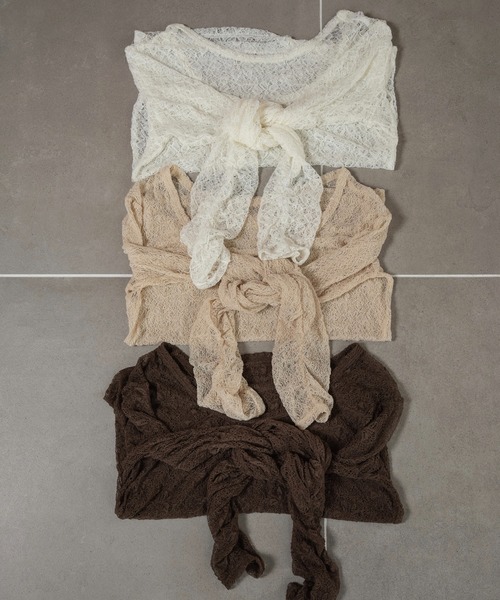 lawgy（ラウジー）の「lace 2way shirring tops / レース2wayシャーリングトップス（Tシャツ/カットソー・レディース・ブラウン/ホワイト/アイボリー・FREE）」の13枚目の写真