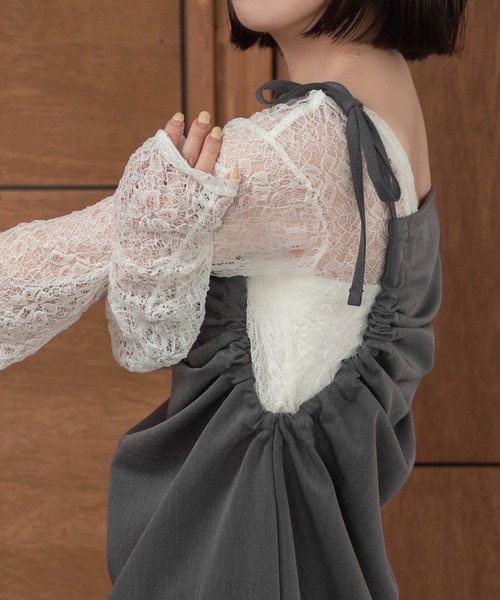 lawgy（ラウジー）の「lace 2way shirring tops / レース2wayシャーリングトップス（Tシャツ/カットソー・レディース・ブラウン/ホワイト/アイボリー・FREE）」の5枚目の写真