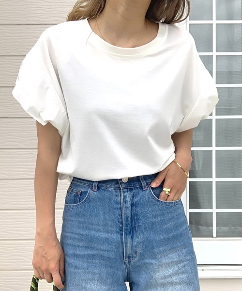 tシャツ バルーン切り替えカットソー レディース Day and Grade tシャツ Tシャツ バルーン袖 ボーダーカットソー