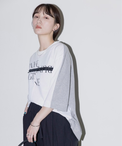 送料無料 エイミーロウ Eimee Law バック配色リメイクTシャツ レディース 25春夏新作 84233M-2 綿 透け感あり 肘丈 ゆったりシルエット WHITE×LIGHTGRAY バック配色リメイクTシャツ（Tシャツ/カットソー）｜Eimee Law