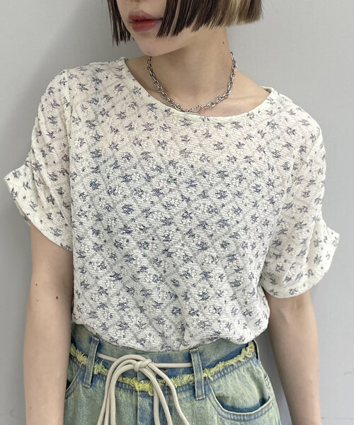 w closet（ダブルクローゼット）の「半袖フラワーレースジャガードT（Tシャツ/カットソー・レディース・アイボリー/オフホワイト/ピンク・FREE）」の2枚目の写真