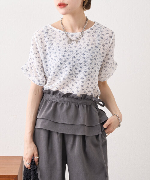 w closet（ダブルクローゼット）の「半袖フラワーレースジャガードT（Tシャツ/カットソー・レディース・アイボリー/オフホワイト/ピンク・FREE）」の4枚目の写真