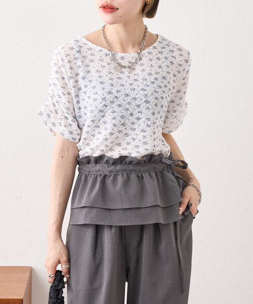w closet（ダブルクローゼット）の「半袖フラワーレースジャガードT（Tシャツ/カットソー・レディース・アイボリー/オフホワイト/ピンク・FREE）」の5枚目の写真