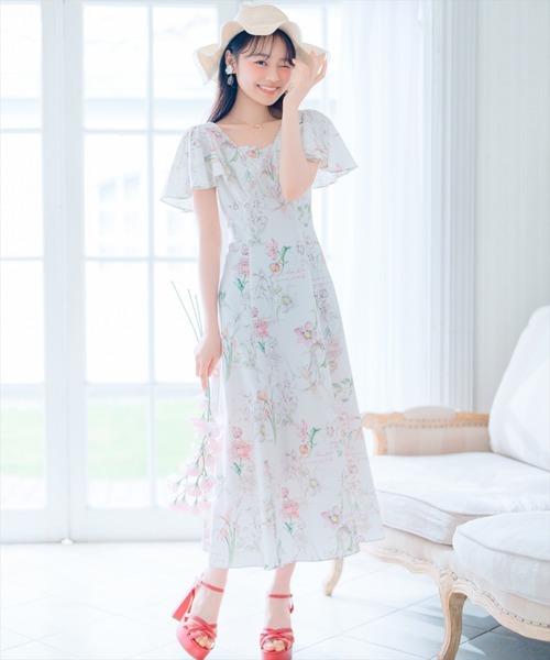 ウィルセレクション 花柄 フラワー フレアワンピース ピンク ラベンダー ウィルセレクション 花柄 フラワー フレアワンピース ピンク
