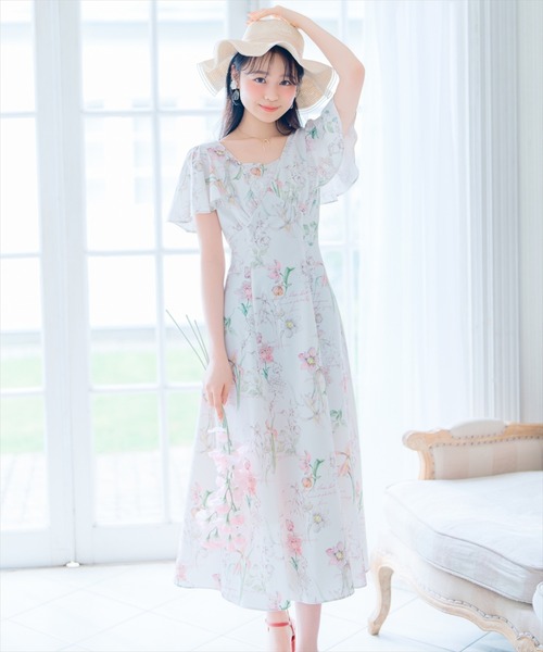 ボタニカルフラワー ワンピース ウィルセレクション セール】ボタニカルフラワーフレアスリーブワンピース