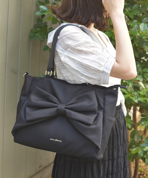 ✴︎axes femme✴︎リボン付撥水ナイロントート・ブラック リボン付撥水ナイロントート（トートバッグ）｜axes femme