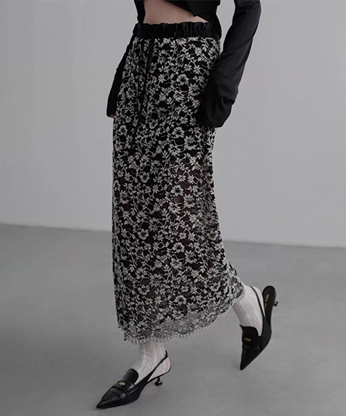 CHENTAITAI】フロッキーフラワーレース ロングスカート CTW25s022