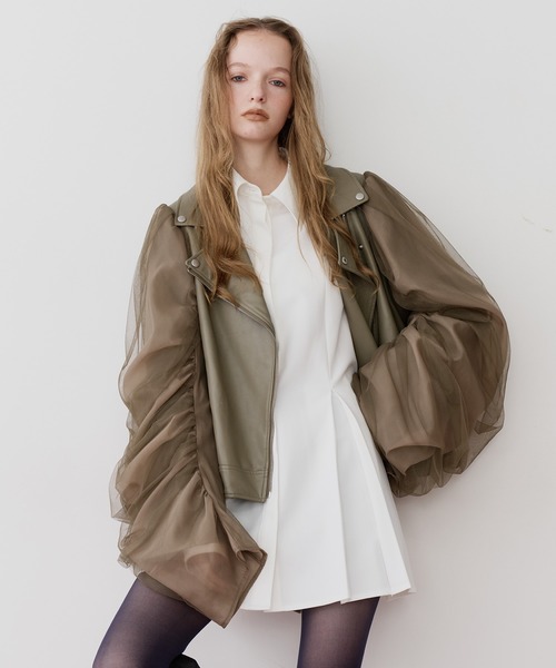 セール】ギャザードレープチュールスリーブレザーJK（ライダース