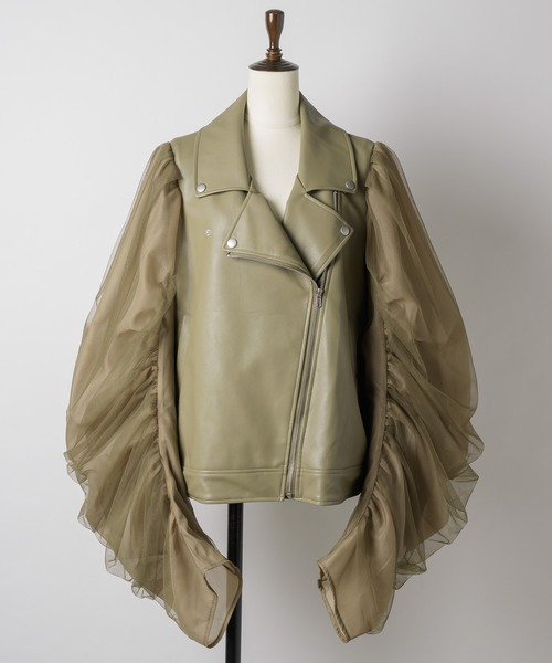 セール】ギャザードレープチュールスリーブレザーJK（ライダース