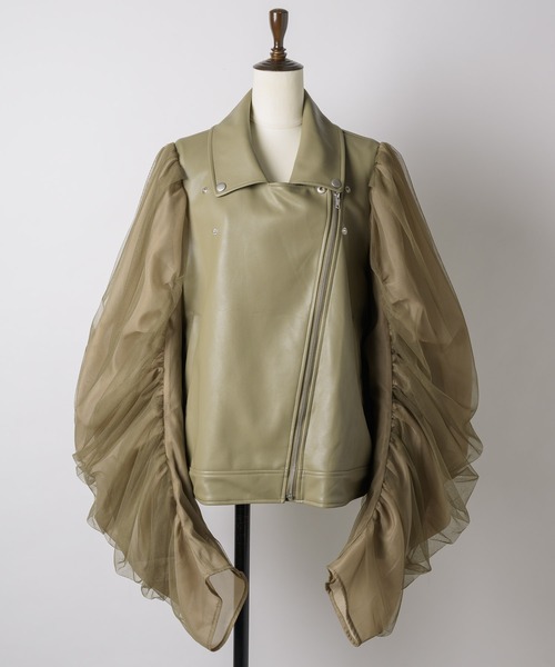 ギャザードレープチュールスリーブレザーJK（ライダースジャケット