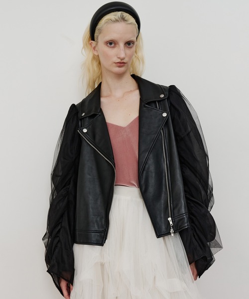 ギャザードレープチュールスリーブレザーJK（ライダースジャケット