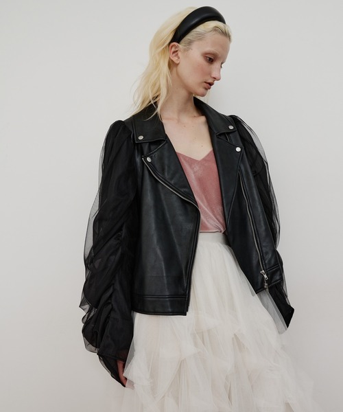 ギャザードレープチュールスリーブレザーJK(ライダースジャケット ギャザードレープチュールスリーブレザーJK(ライダースジャケット