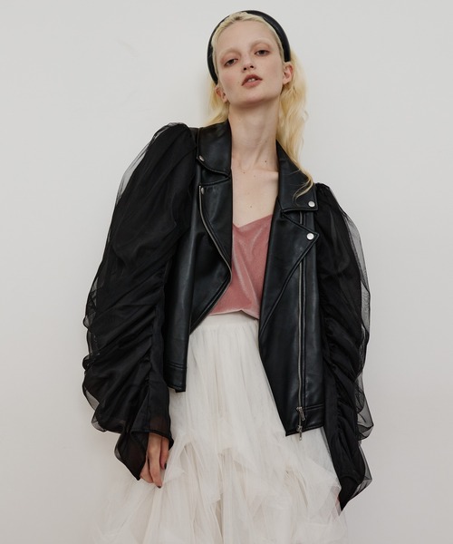 ギャザードレープチュールスリーブレザーJK（ライダースジャケット