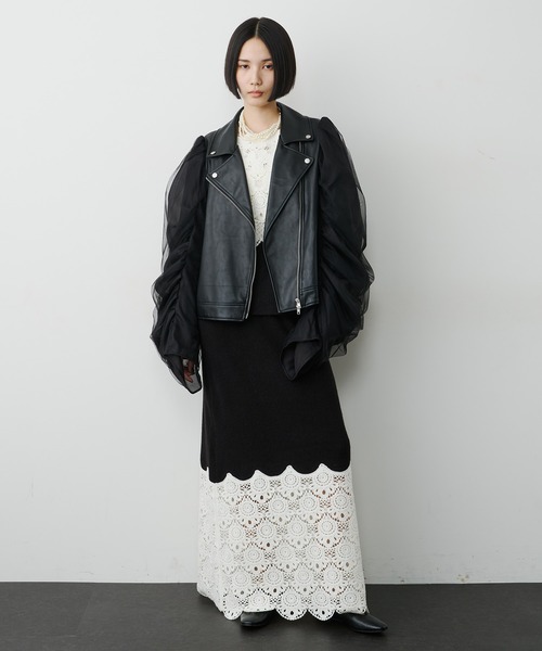 セール】ギャザードレープチュールスリーブレザーJK（ライダース