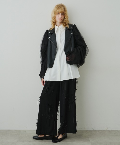 ギャザードレープチュールスリーブレザーJK（ライダースジャケット