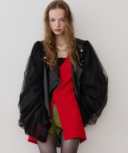 ギャザードレープチュールスリーブレザーJK（ライダースジャケット