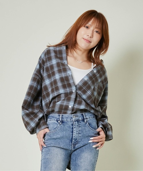 GORGE(ゴージ)の「《ゆるっと羽織れる》レディース チェックシャツ ビッグシルエット 長袖シャツ 秋冬 カジュアル(シャツ/ブラウス・レディース・ブラック/ブルー/ブラウン/オレンジ・F)」の10枚目の写真
