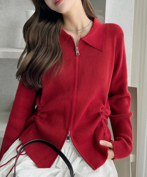 セール】ダブルジップ シャーリング 襟付き ニット（ニット/セーター
