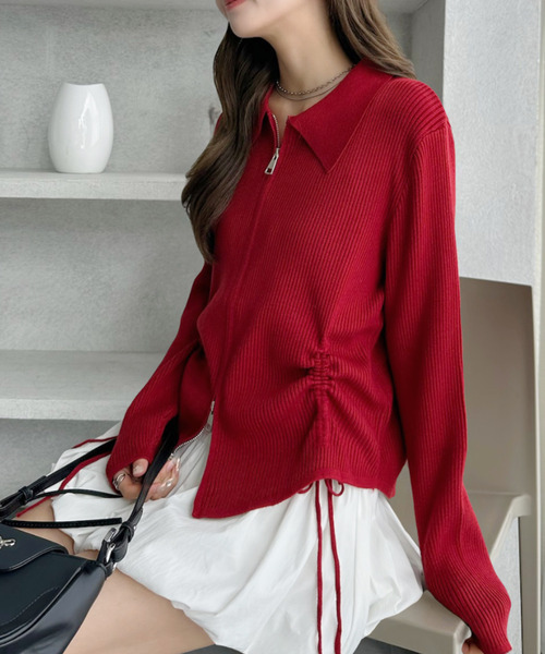 セール】ダブルジップ シャーリング 襟付き ニット（ニット/セーター