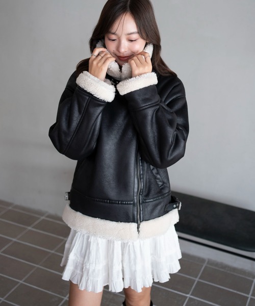 WEGO（ウィゴー）の「WEGO/フェイクムートンボアジャケット（ムートンコート・レディース・ブラック/ブラウン・FREE）」の9枚目の写真