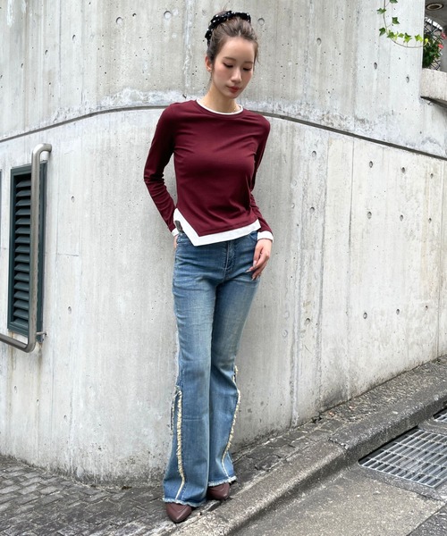 3.3 Field Trip (3.3フィールドトリップ)の「3.3 Field Trip/配色レイヤードロングスリーブ(Tシャツ/カットソー・レディース・ブラック/ボルドー/グレー・FREE)」の19枚目の写真