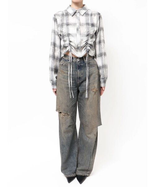 GYDA（ジェイダ）の「ドロストショートGRUNGEチェックシャツ（シャツ/ブラウス・レディース・オフホワイト/グレー・FREE）」の13枚目の写真