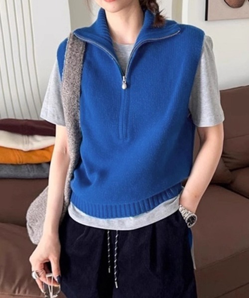 Miniministore(ミニミニストア)の「ハーフジップ ニットベストスタンドカラー(ベスト・レディース・ブラック/グレー/オレンジ/アイボリー/ワインレッド/ロイヤルブルー・FREE)」の4枚目の写真