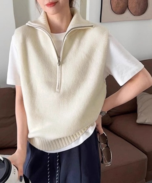 Miniministore(ミニミニストア)の「ハーフジップ ニットベストスタンドカラー(ベスト・レディース・ブラック/グレー/オレンジ/アイボリー/ワインレッド/ロイヤルブルー・FREE)」の2枚目の写真