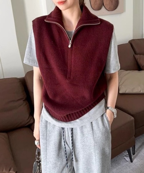 Miniministore(ミニミニストア)の「ハーフジップ ニットベストスタンドカラー(ベスト・レディース・ブラック/グレー/オレンジ/アイボリー/ワインレッド/ロイヤルブルー・FREE)」の5枚目の写真